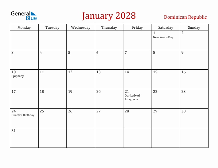 Dominican Republic January 2028 Calendar - Monday Start