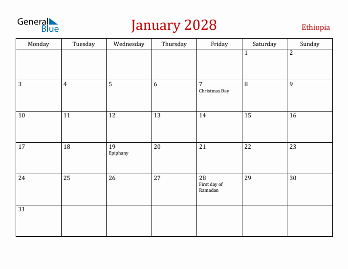 Ethiopia January 2028 Calendar - Monday Start