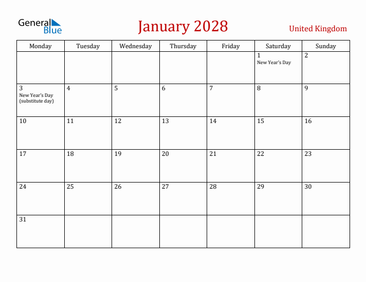 United Kingdom January 2028 Calendar - Monday Start