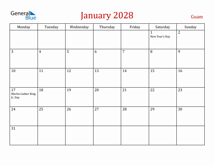 Guam January 2028 Calendar - Monday Start