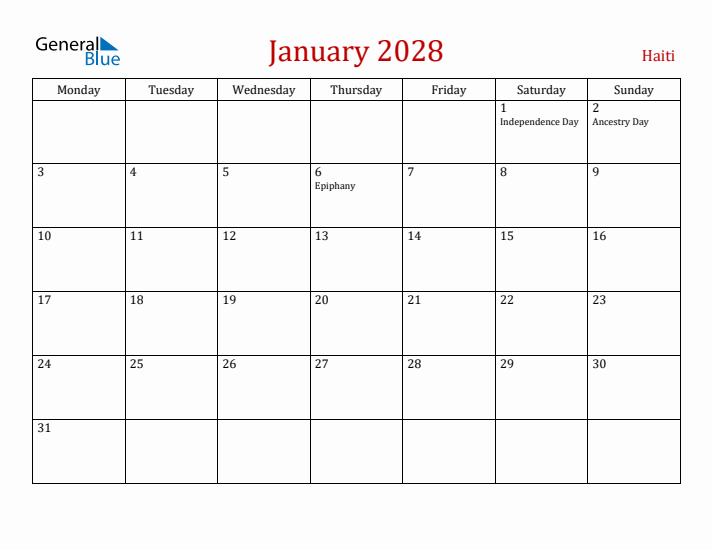 Haiti January 2028 Calendar - Monday Start