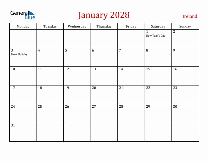 Ireland January 2028 Calendar - Monday Start