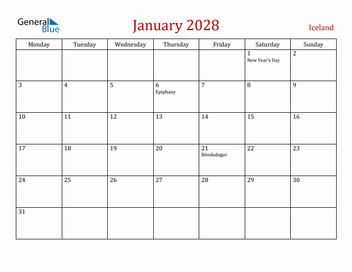 Iceland January 2028 Calendar - Monday Start
