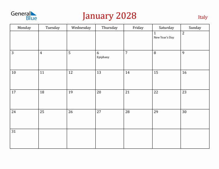 Italy January 2028 Calendar - Monday Start