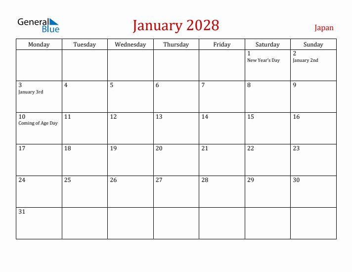 Japan January 2028 Calendar - Monday Start