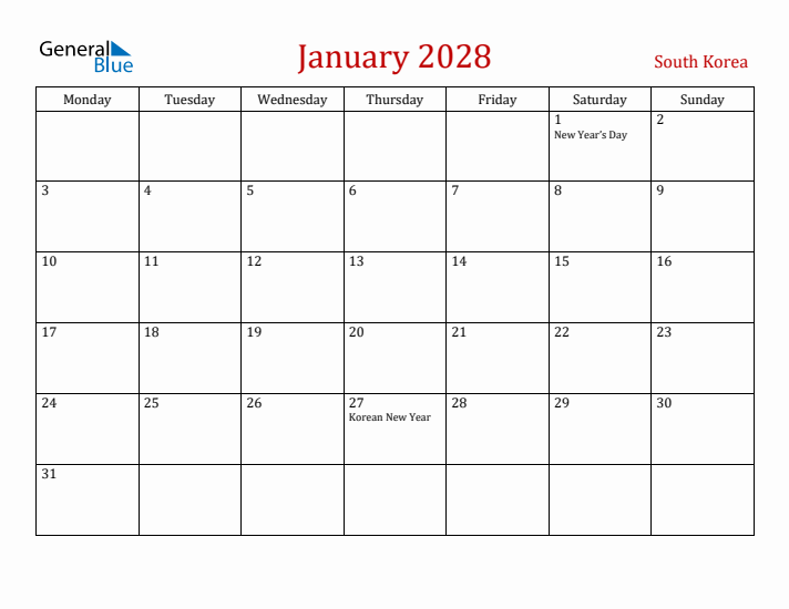 South Korea January 2028 Calendar - Monday Start