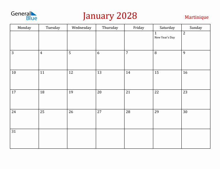 Martinique January 2028 Calendar - Monday Start