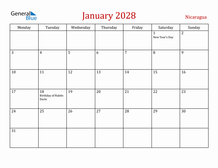 Nicaragua January 2028 Calendar - Monday Start