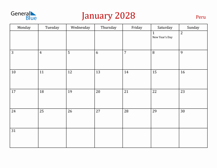 Peru January 2028 Calendar - Monday Start