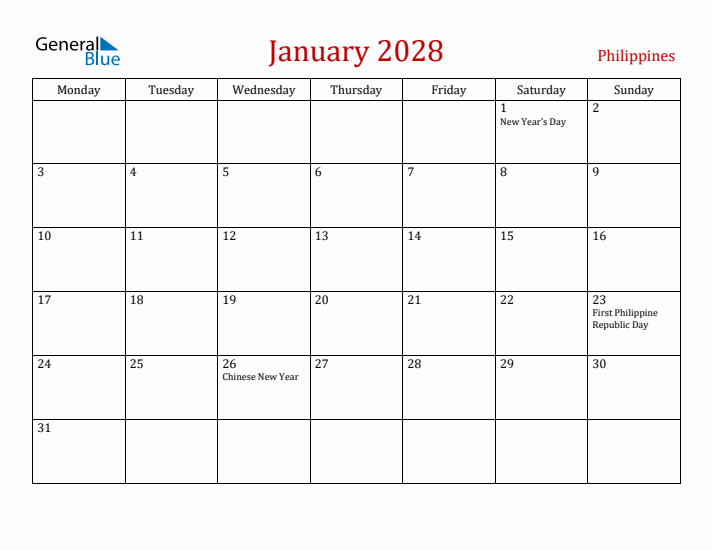 Philippines January 2028 Calendar - Monday Start