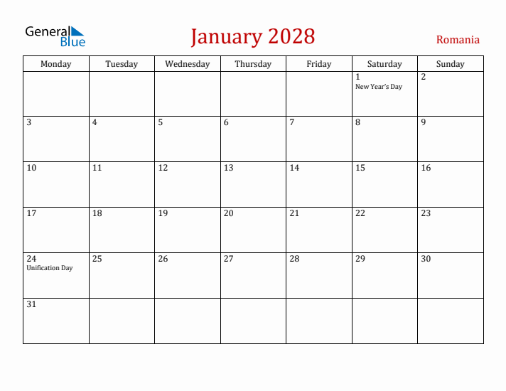 Romania January 2028 Calendar - Monday Start