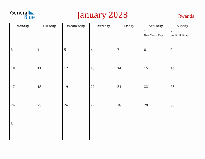 Rwanda January 2028 Calendar - Monday Start