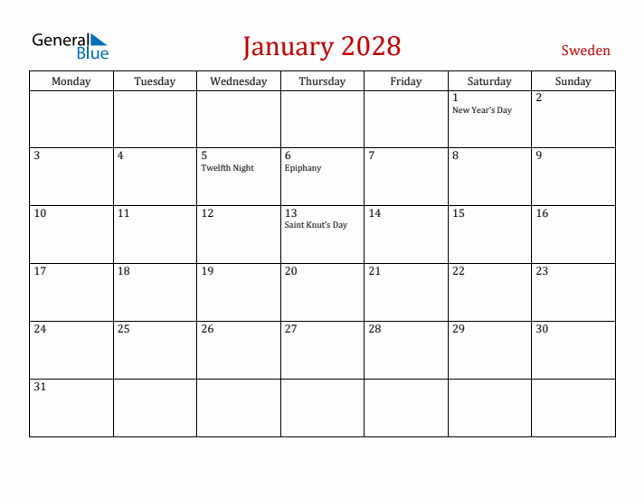 Sweden January 2028 Calendar - Monday Start