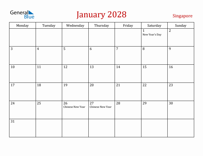 Singapore January 2028 Calendar - Monday Start