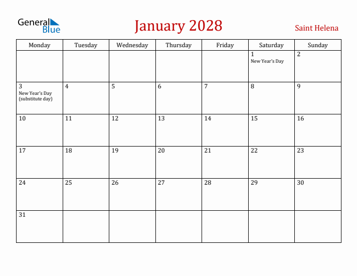 Saint Helena January 2028 Calendar - Monday Start