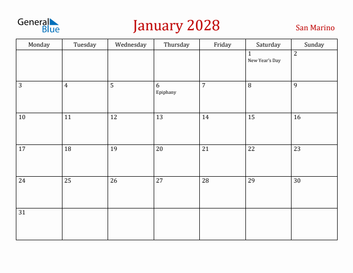 San Marino January 2028 Calendar - Monday Start