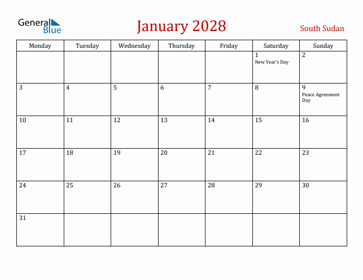 South Sudan January 2028 Calendar - Monday Start