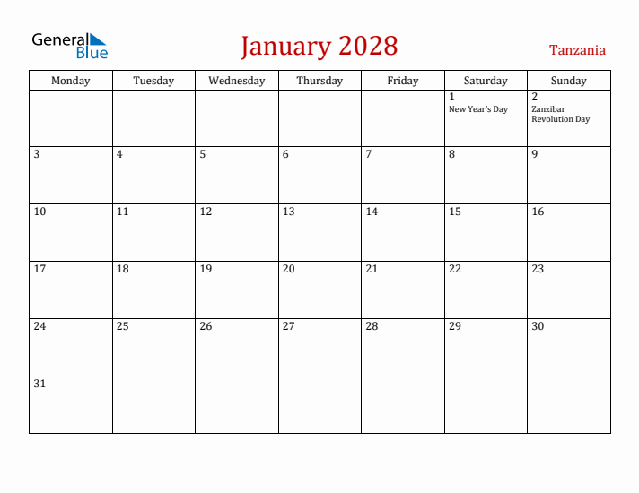 Tanzania January 2028 Calendar - Monday Start