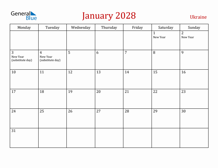 Ukraine January 2028 Calendar - Monday Start