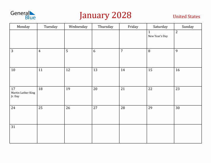United States January 2028 Calendar - Monday Start