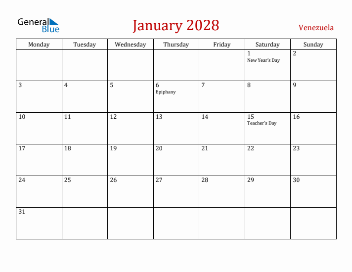 Venezuela January 2028 Calendar - Monday Start