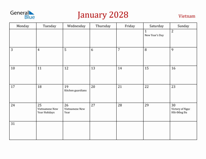Vietnam January 2028 Calendar - Monday Start