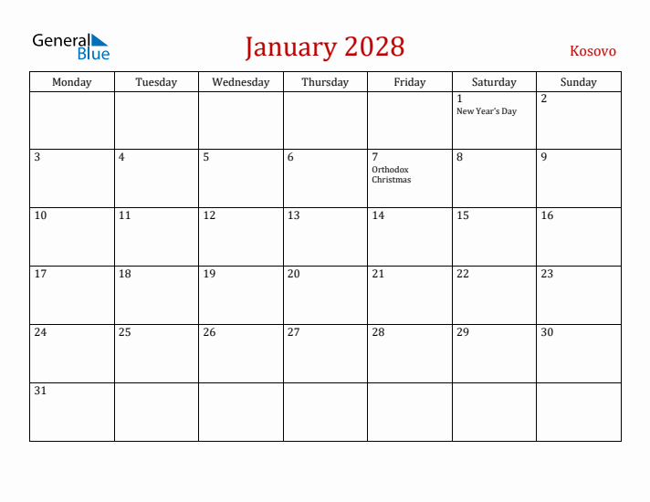 Kosovo January 2028 Calendar - Monday Start