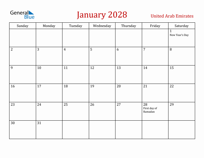United Arab Emirates January 2028 Calendar - Sunday Start