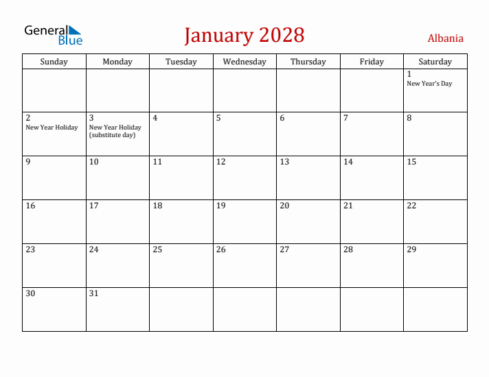 Albania January 2028 Calendar - Sunday Start