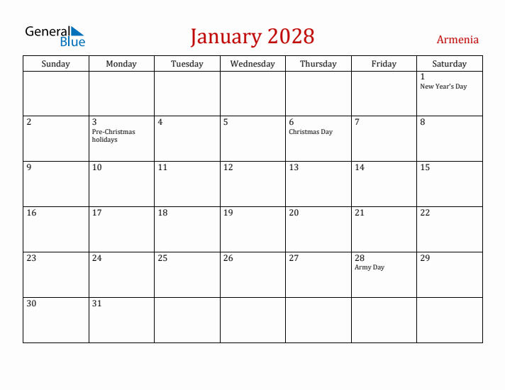 Armenia January 2028 Calendar - Sunday Start