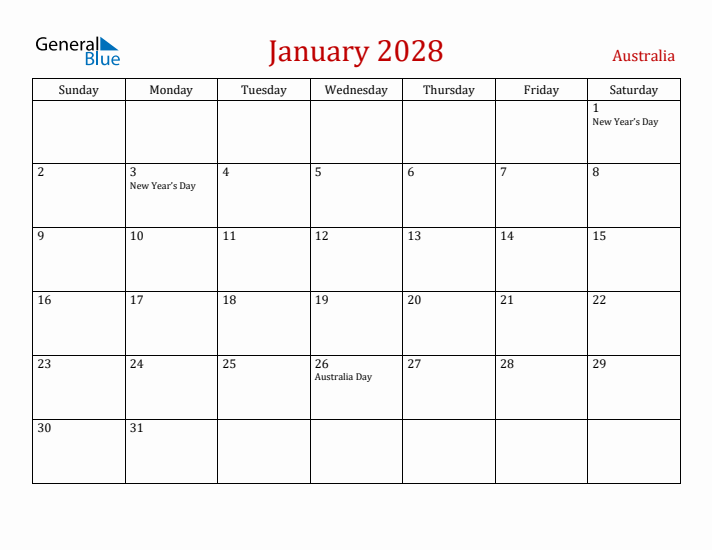 Australia January 2028 Calendar - Sunday Start