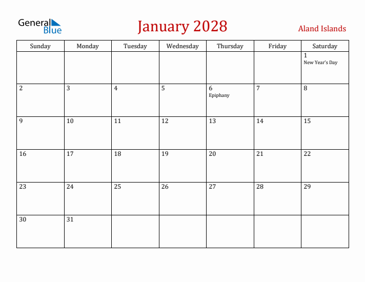 Aland Islands January 2028 Calendar - Sunday Start