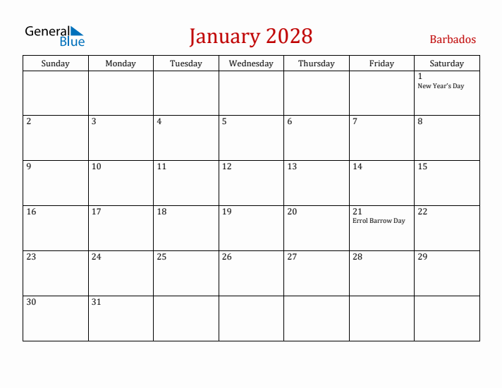 Barbados January 2028 Calendar - Sunday Start