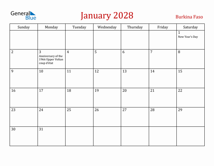 Burkina Faso January 2028 Calendar - Sunday Start