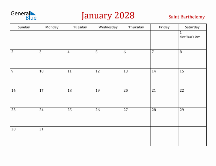 Saint Barthelemy January 2028 Calendar - Sunday Start