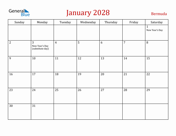 Bermuda January 2028 Calendar - Sunday Start