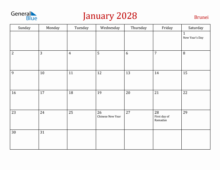 Brunei January 2028 Calendar - Sunday Start