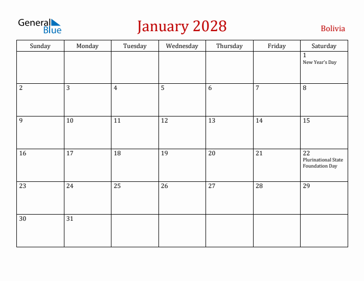 Bolivia January 2028 Calendar - Sunday Start