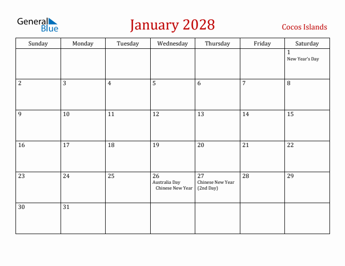 Cocos Islands January 2028 Calendar - Sunday Start