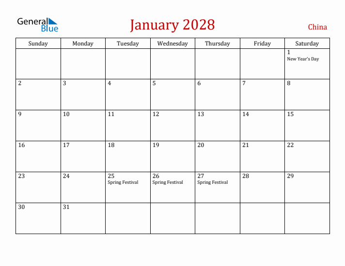 China January 2028 Calendar - Sunday Start