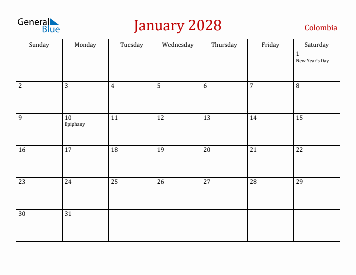 Colombia January 2028 Calendar - Sunday Start