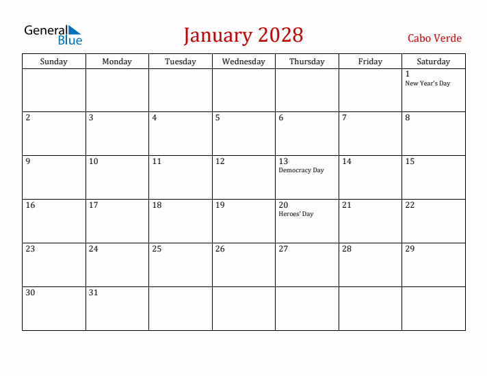 Cabo Verde January 2028 Calendar - Sunday Start