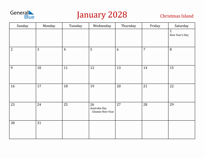 Christmas Island January 2028 Calendar - Sunday Start