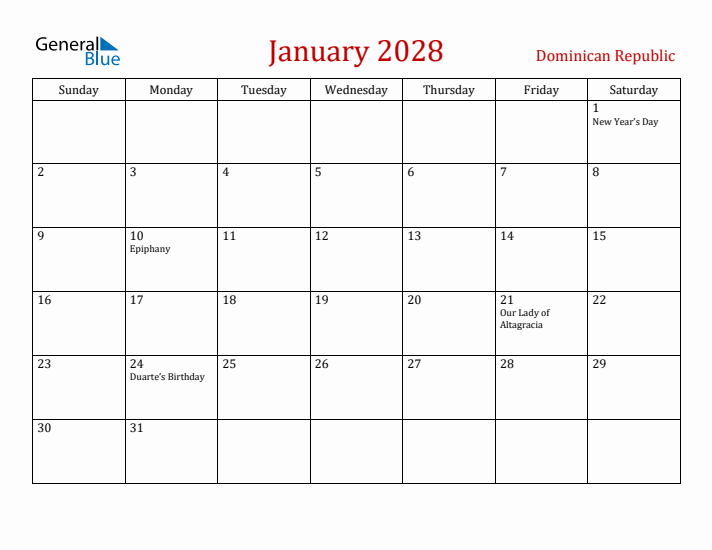 Dominican Republic January 2028 Calendar - Sunday Start