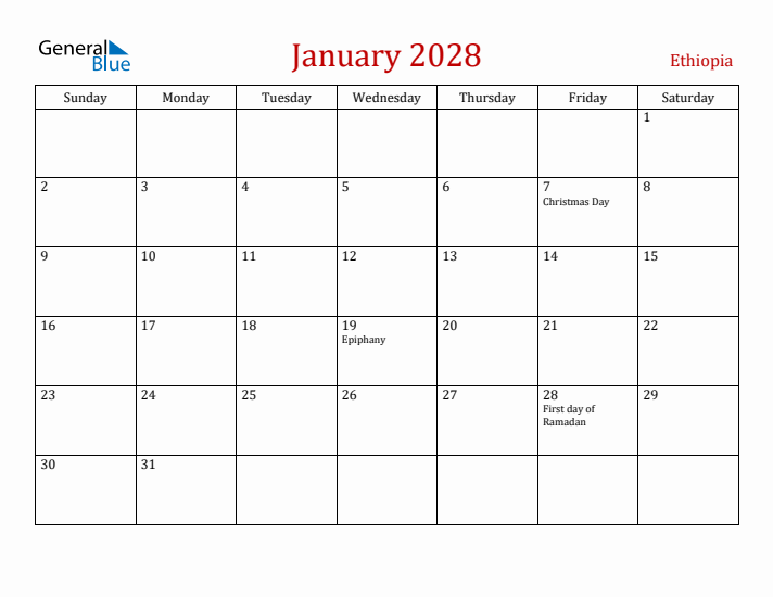 Ethiopia January 2028 Calendar - Sunday Start