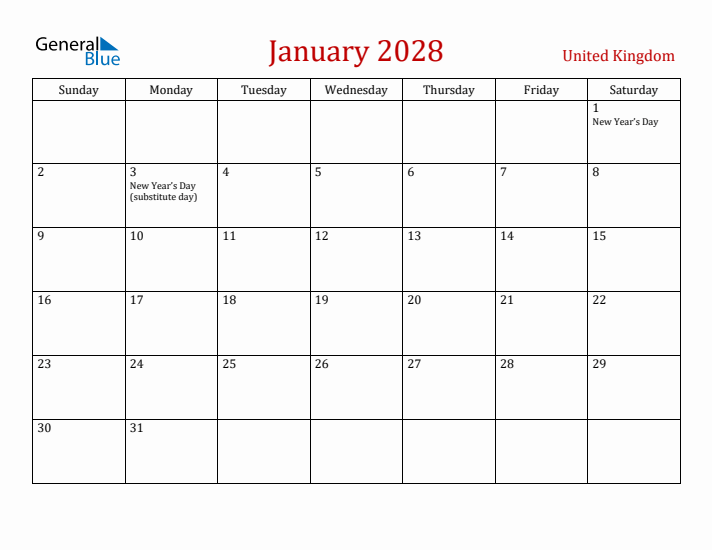 United Kingdom January 2028 Calendar - Sunday Start