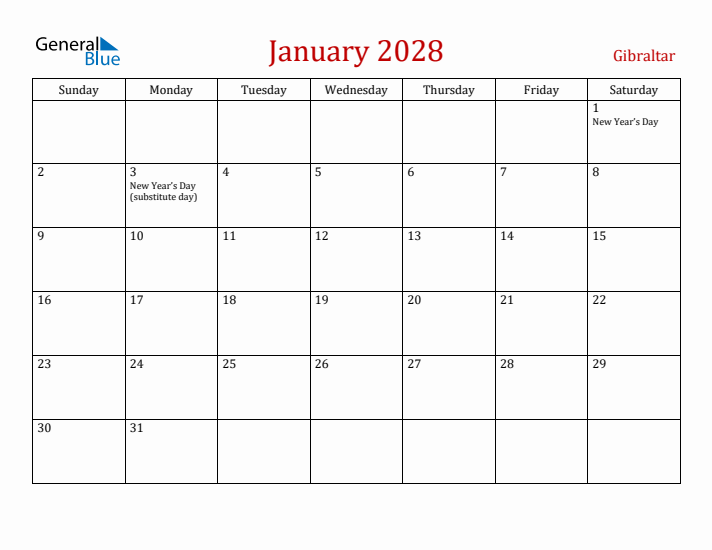 Gibraltar January 2028 Calendar - Sunday Start