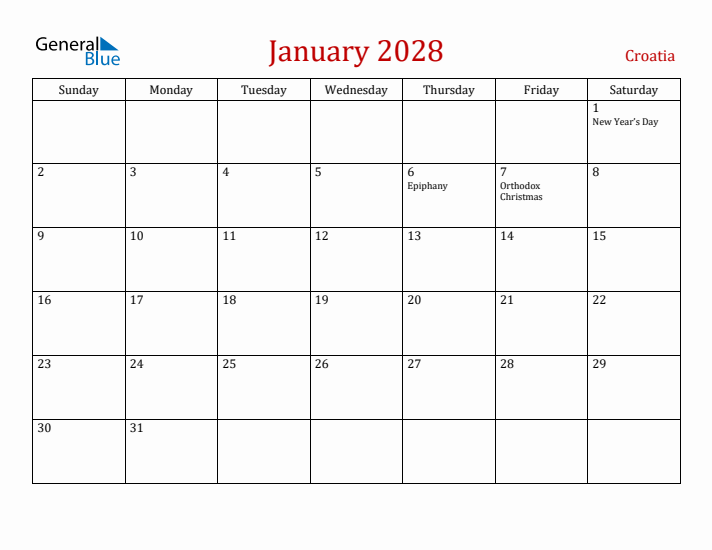 Croatia January 2028 Calendar - Sunday Start