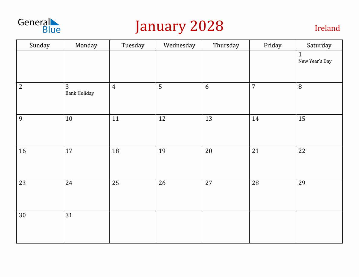 January 2028 Ireland Monthly Calendar With Holidays