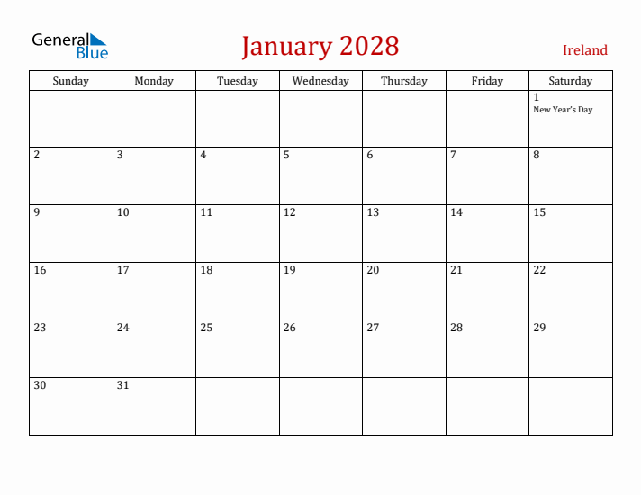 Ireland January 2028 Calendar - Sunday Start